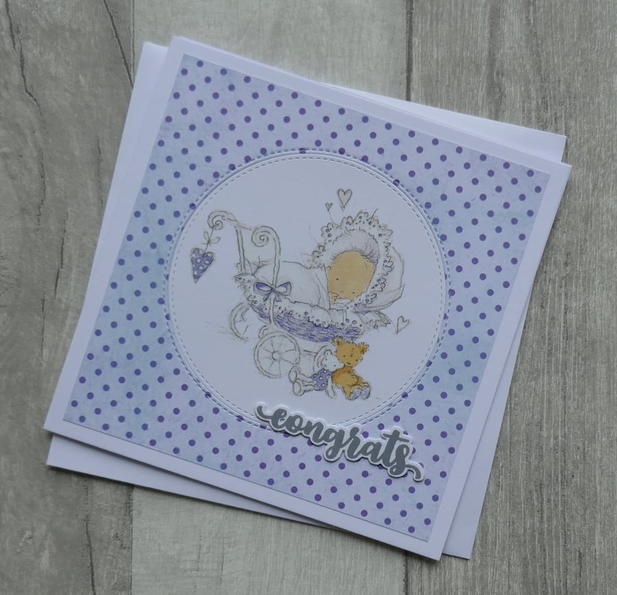 Baby in Lilac Pram  - Congrats - New Baby Greeting Card