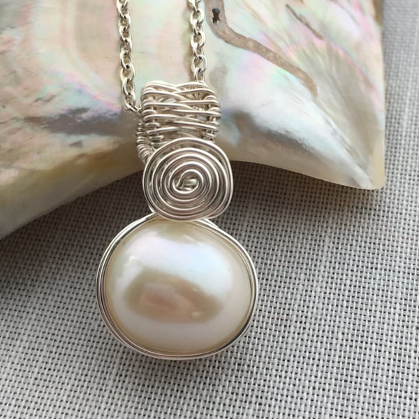 Silver plated wire wrapped freshwaterpearl necklace - made in Scotland.
