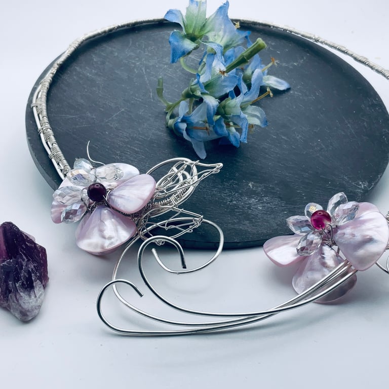 Pink mother of pearl floral bridesmaids torque in silver plate