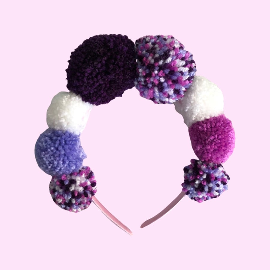 Violet Boho Pompom Festival Crown, Purple Pom Pom Headband for Women