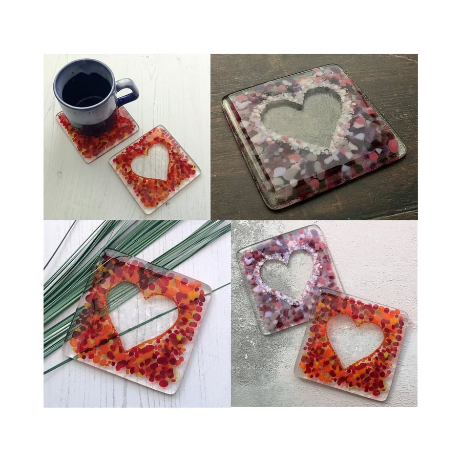 Handmade Fused Glass Pink Red Love Heart Drinks Coaster - Glass Tile - Hot Drink