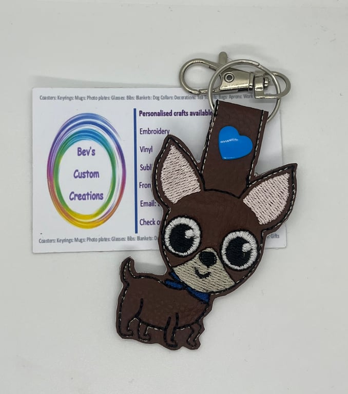 Embroidered Chihuahua Keyring Brown
