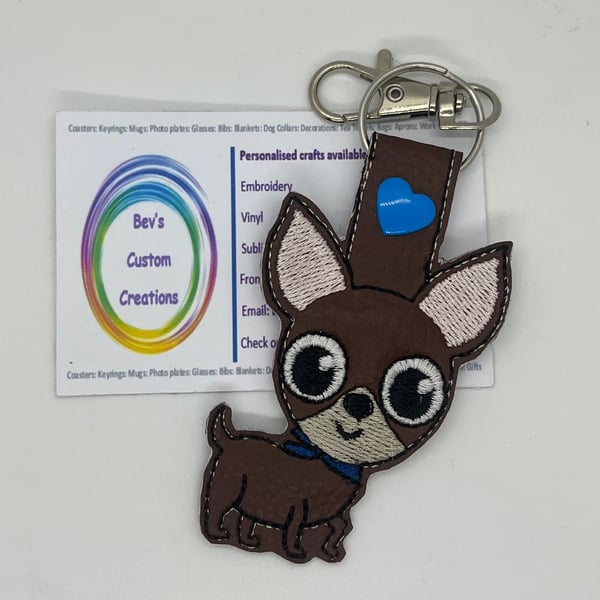 Embroidered Chihuahua Keyring Brown