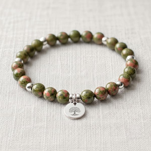 Unakite Bracelet Personalised with Initial, Natural Unakite Healing Crystal Brac