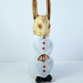 Sculpture Rabbit Ceramic, Pottery Dressed up Animal in Winter Coat & Boots