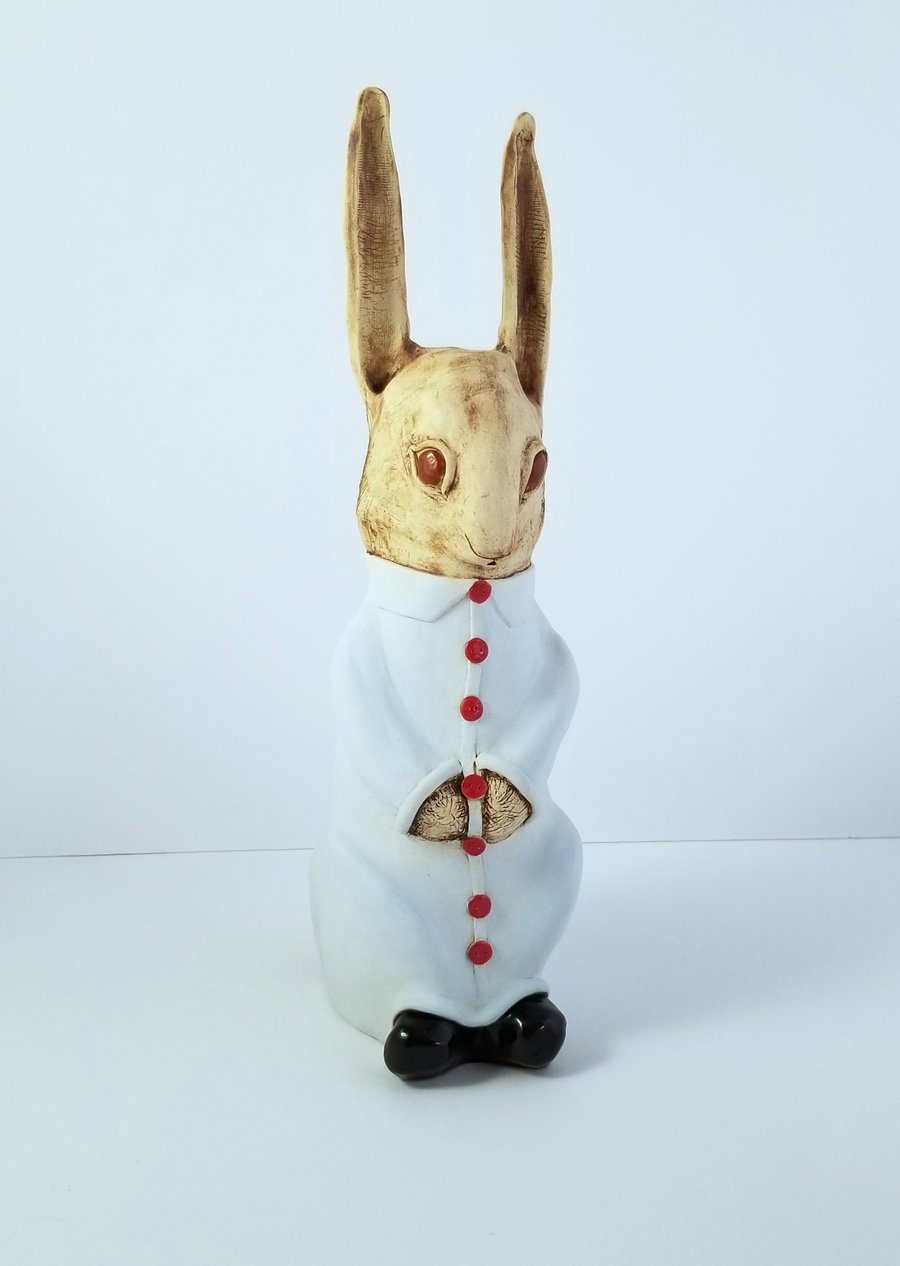 Sculpture Rabbit Ceramic, Pottery Dressed up Animal in Winter Coat & Boots