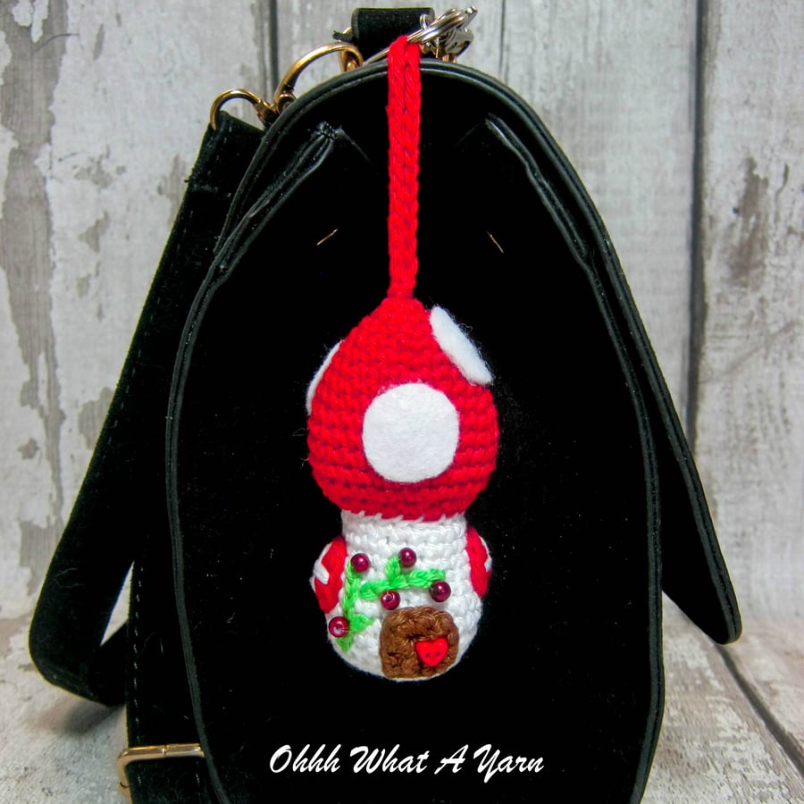 Crochet toadstool, mushroom fairy house decoration, scissor keeper,  bag charm 