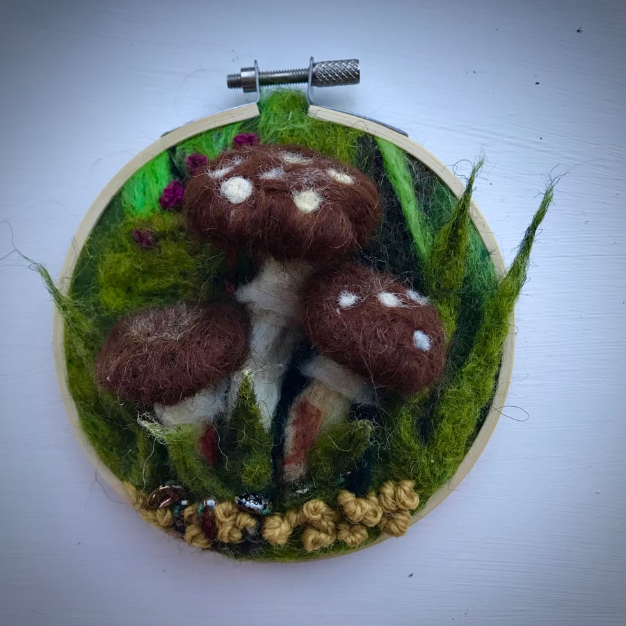 Toadstool-artwork-needle felted-woodland-picture 