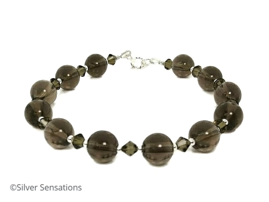 Brown Smokey Quartz & Sterling Silver Bracelet With Swarovski Crystals