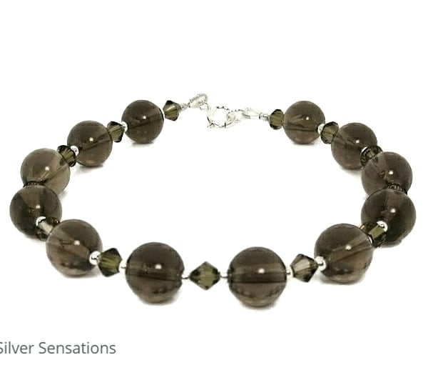 Brown Smokey Quartz & Sterling Silver Bracelet With Swarovski Crystals