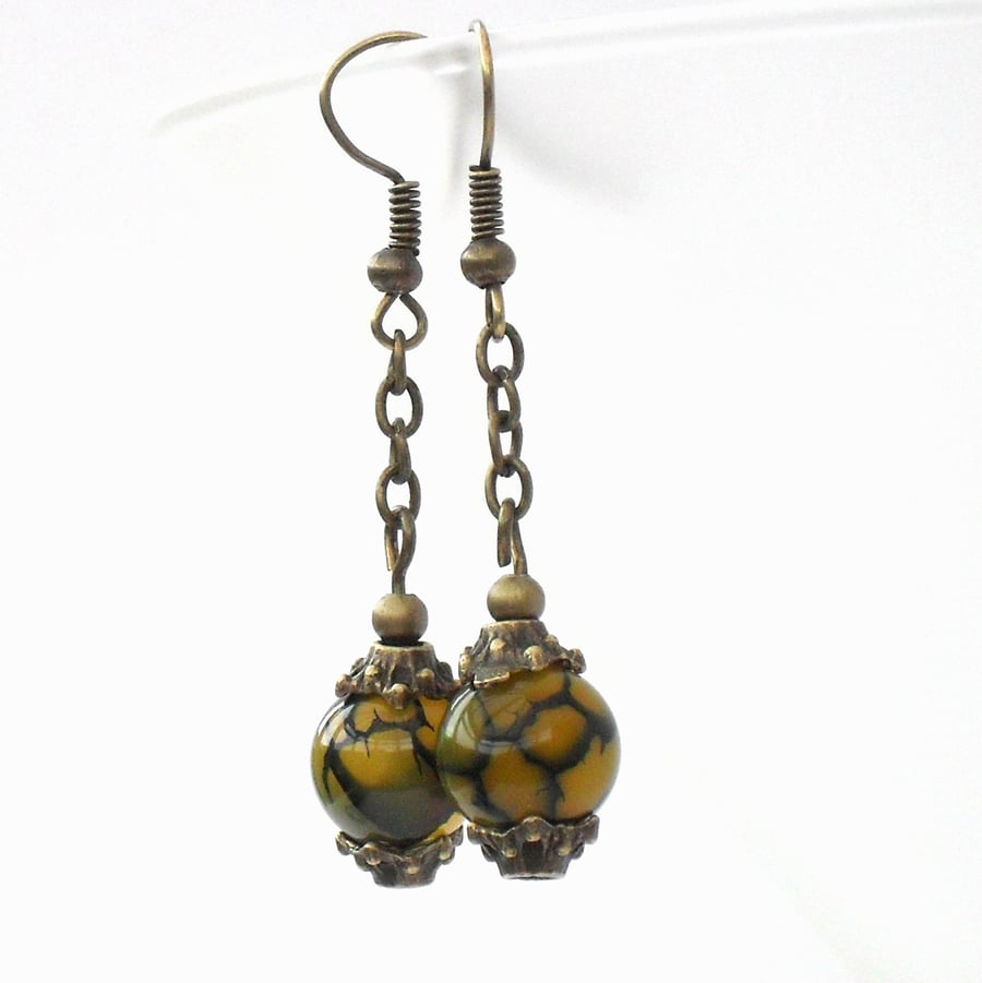 Olive green & brown dragon vein agate bronze earrings