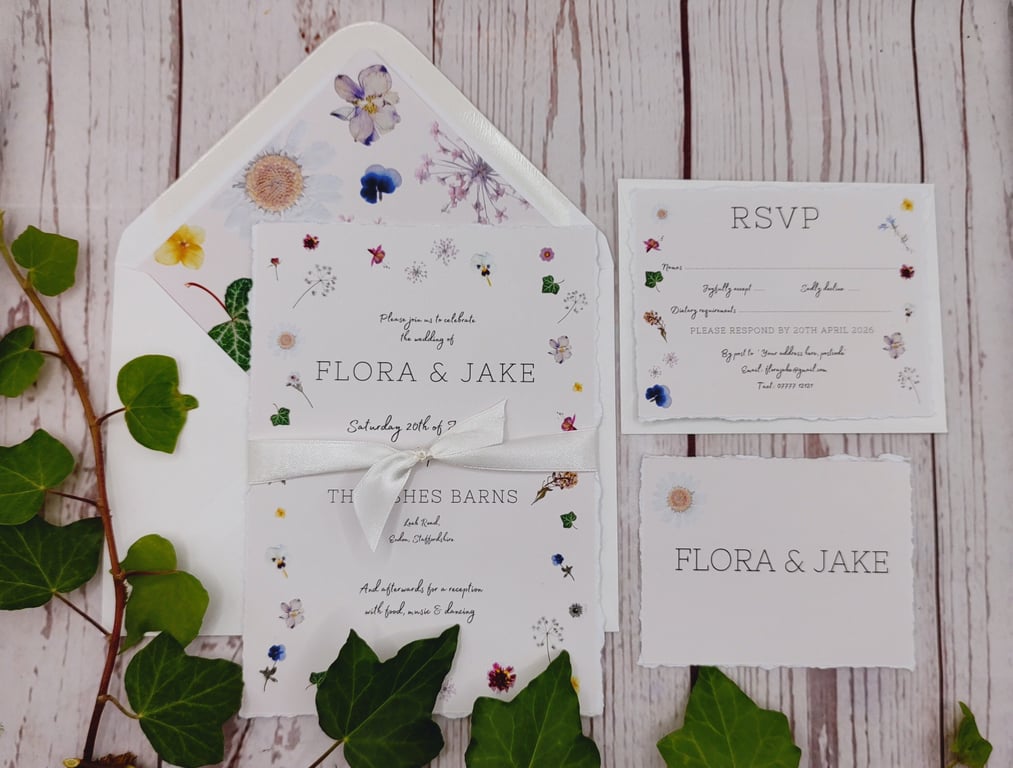 Printed Pressed Flower Wedding Invitations: Ditsy Garden Design with RSVP