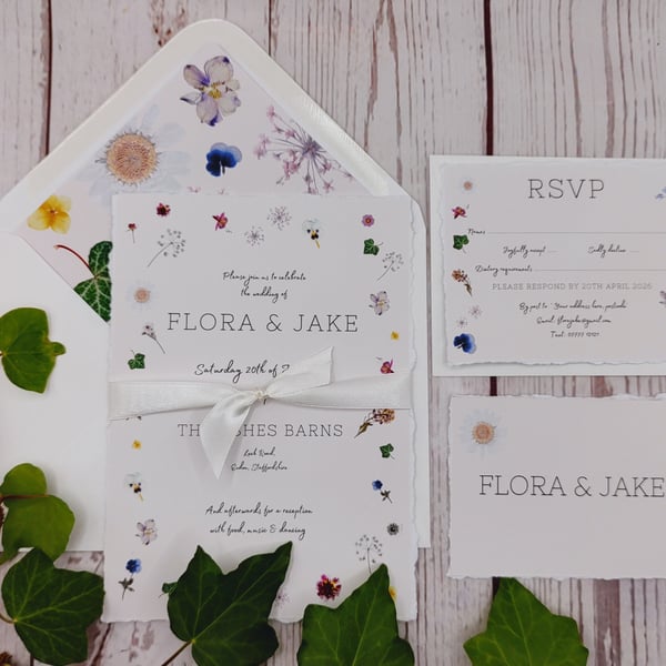 Printed Pressed Flower Wedding Invitations: Ditsy Garden Design with RSVP