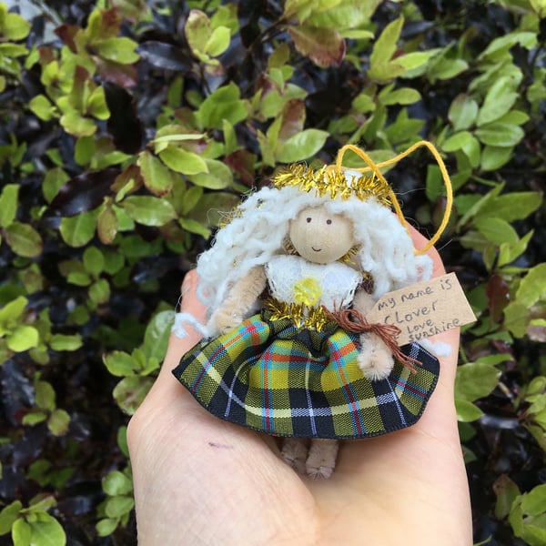 Tiny Cornish Tartan, Curly Hair Fairy Doll Decoration 