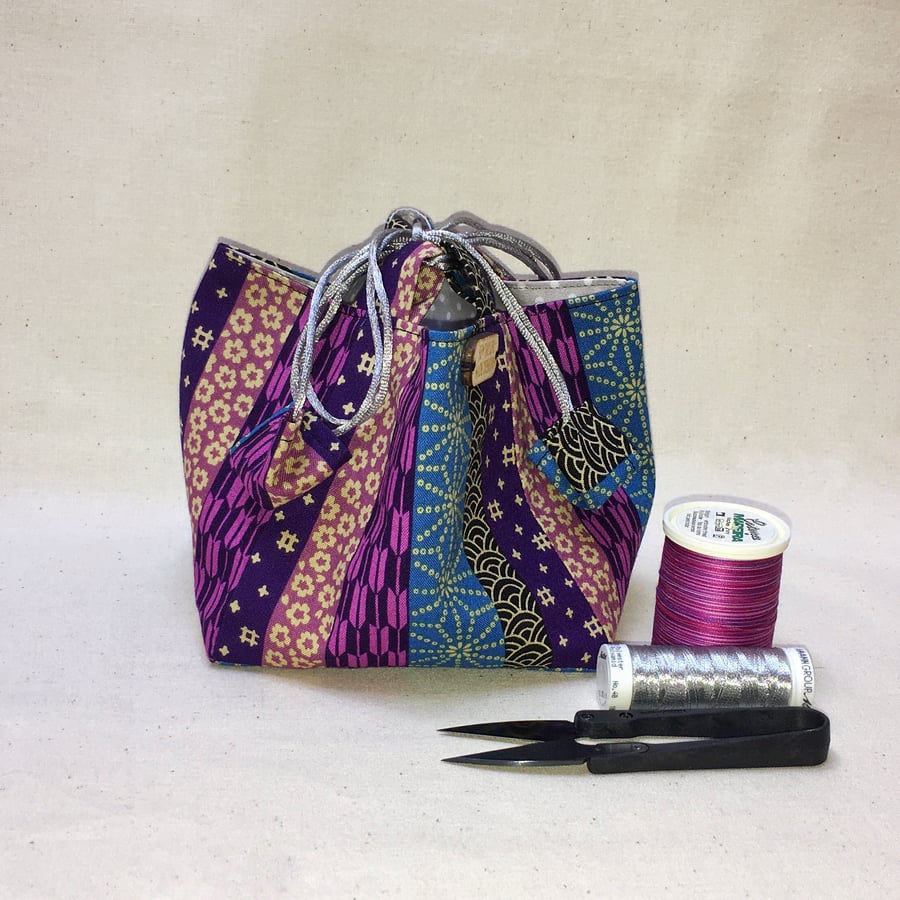 Striped Purple and Blue Pattern Japanese Rice Bag Gift Bag Make-up Bag