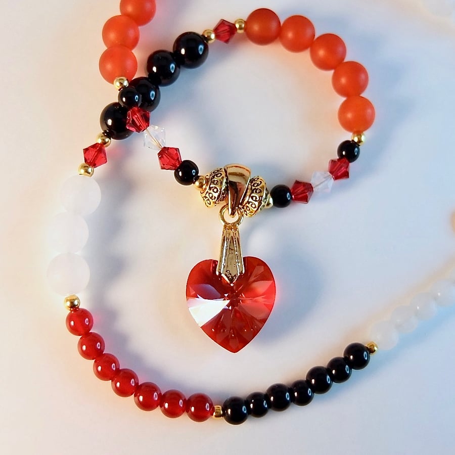 Red Crystal Heart Necklace, Carnelian Black Onyx & White Jade - Ruby Anniversary
