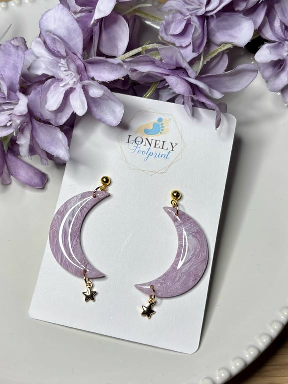 Lilac Crescent Moon Polymer Clay Earrings with Star Charms - Lightweight 