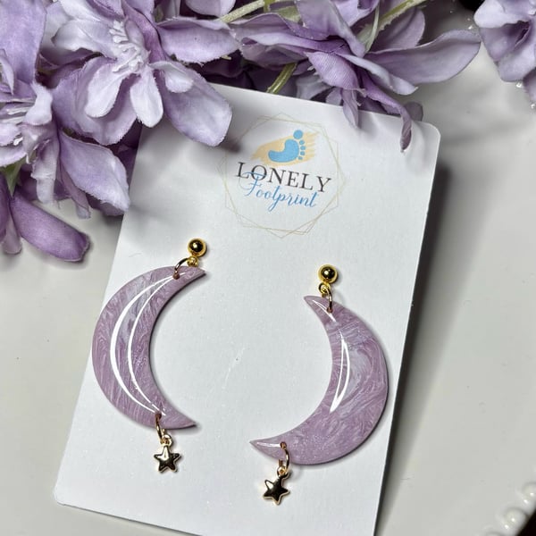 Lilac Crescent Moon Polymer Clay Earrings with Star Charms - Lightweight 