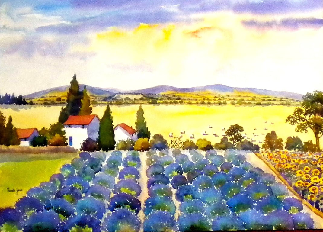 Lavender Field, Provence, South Of France, Watercolour Print in 20 x 16 '' Mount