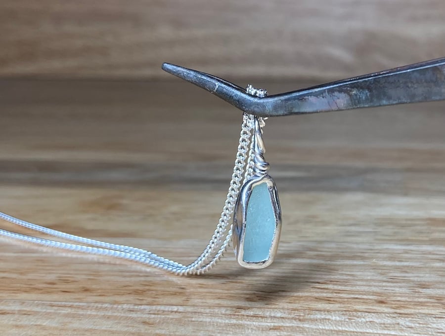 Handmade Fine & Sterling Silver Pendant & Seafoam Green Welsh Sea Glass & Chain