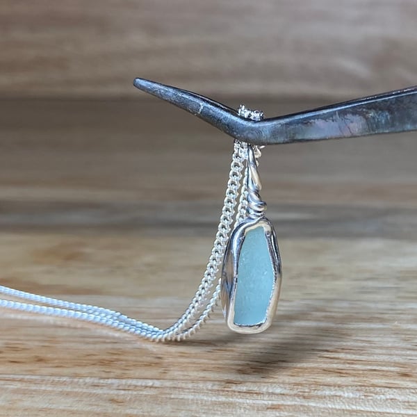 Handmade Fine & Sterling Silver Pendant & Seafoam Green Welsh Sea Glass & Chain