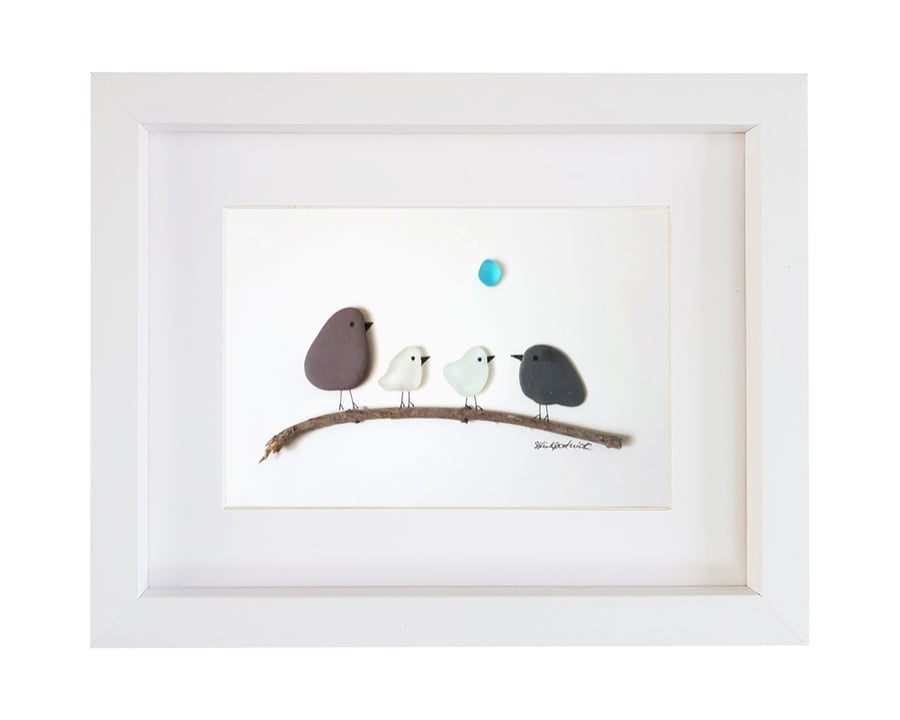 Birds on Branch - Pebble Picture - Framed Unique Handmade Art