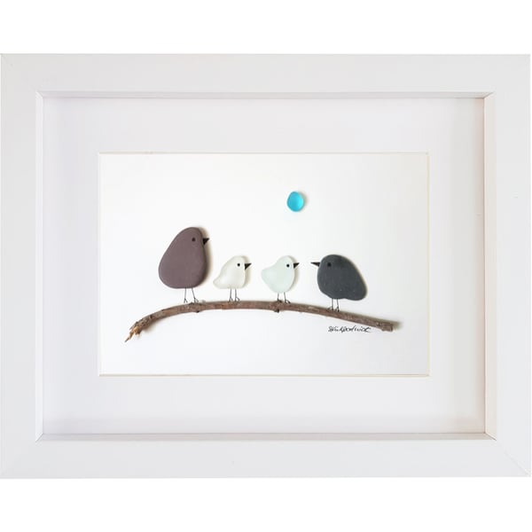 Birds on Branch - Pebble Picture - Framed Unique Handmade Art