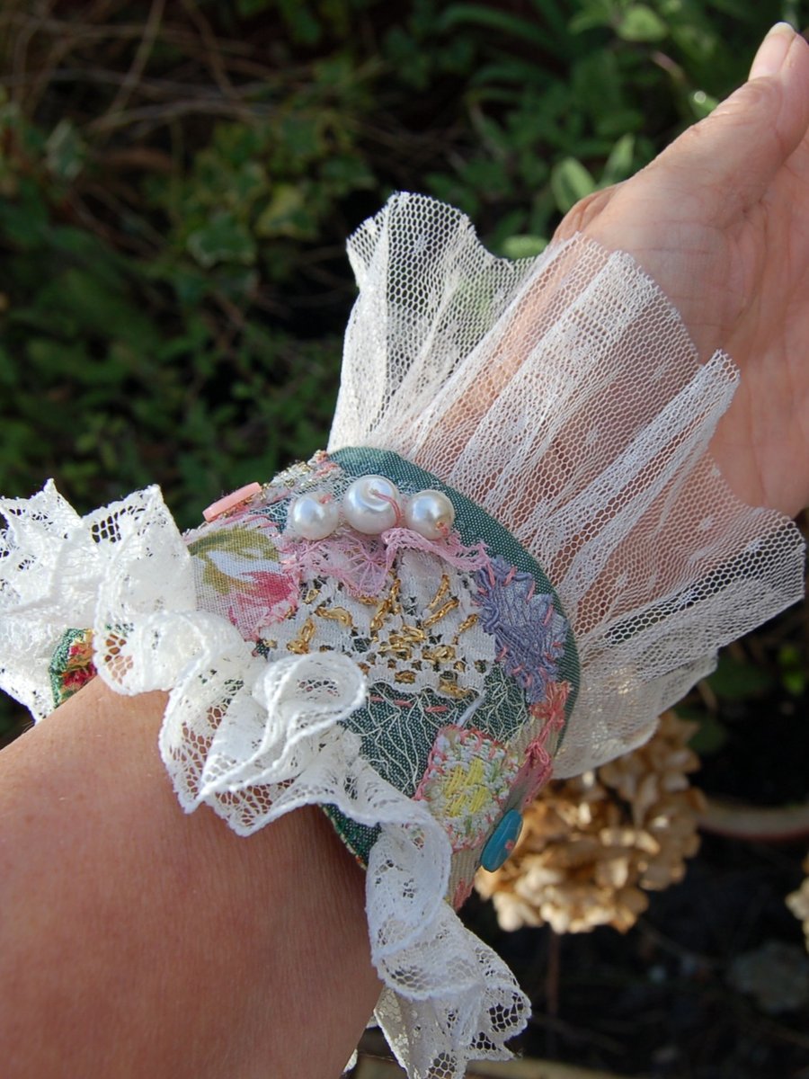 Upcycled Textile cuff bracelet - lace, beads, embroidery.  Hand stitched.