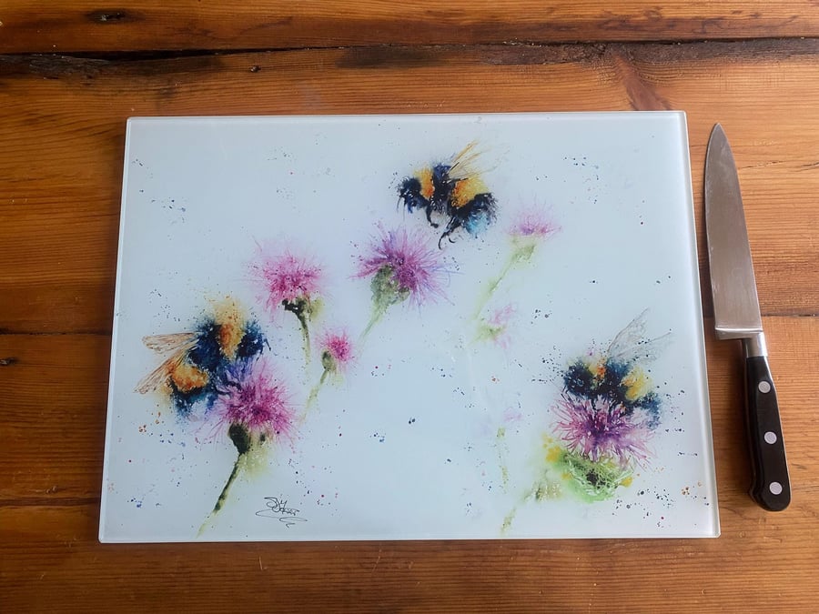 Thistledown Bees Glass Chopping Board, Kitchen Worktop Saver. From a Watercolour