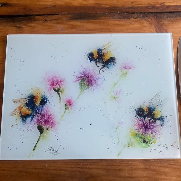 Thistledown Bees Glass Chopping Board, Kitchen Worktop Saver. From a Watercolour