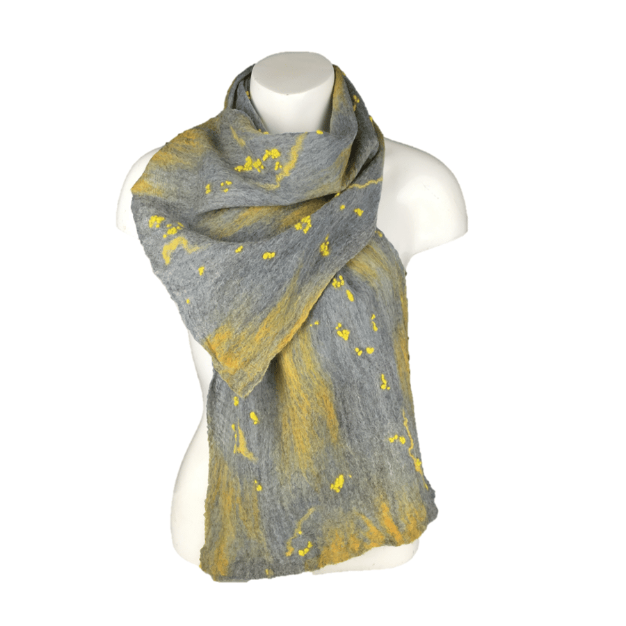 Grey and yellow nuno felted merino wool and silk scarf 