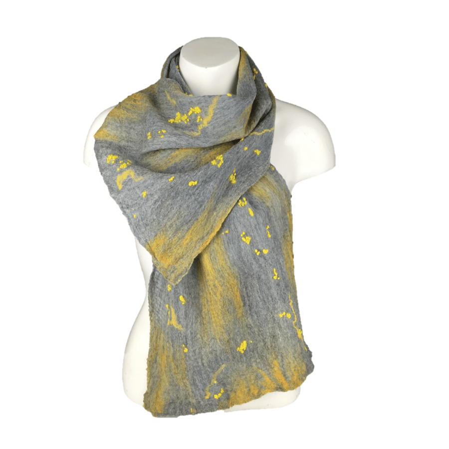 Grey and yellow nuno felted merino wool and silk scarf