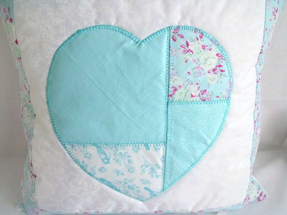 Applique heart qushion cover, turquoise quilted crisp clean pillow slip 