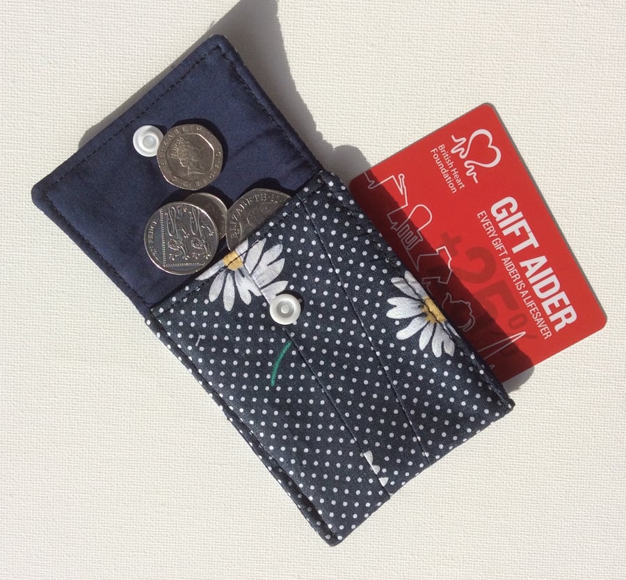  Small Coin Purse, pouch, navy blue cotton, with white daisies and white dots.