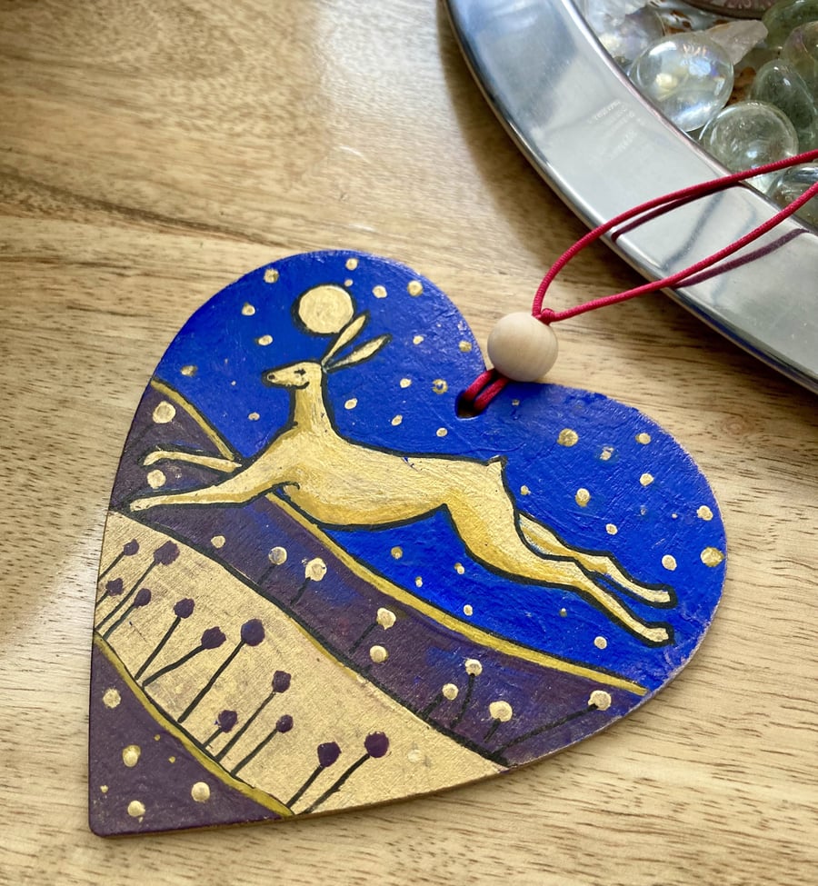 Gold Leaping Hare Hand Painted Hanging Heart Decoration Home Decor 