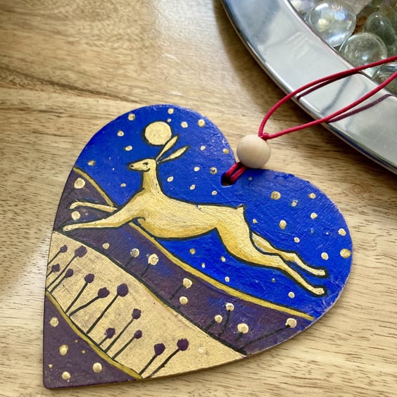 Gold Leaping Hare Hand Painted Hanging Heart Decoration Home Decor 