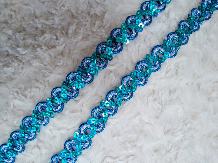 2 metres turquoise and silver 1.5 cm wide GLITZY sequinned trim for crafting
