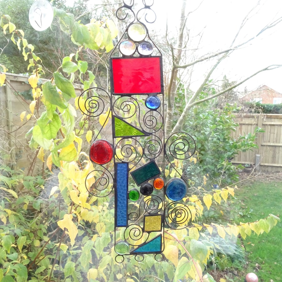 Stained Glass Garden Hanger Suncatcher - Handmade Decoration  - Red