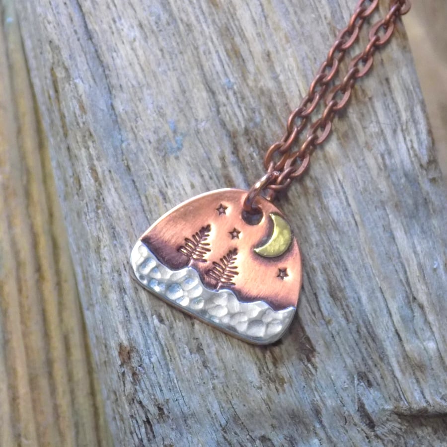 Dinky copper and silver mixed metals alpine forest pendant (moon)