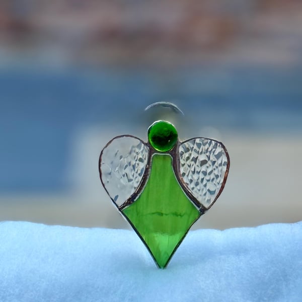Stained Glass Heart Angel - wispy leaf green body and clear hammered glass wings