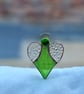 Stained Glass Heart Angel - wispy leaf green body and clear hammered glass wings