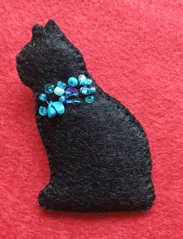 Handmade Black Felt Cat Brooch with Turquoise Gem