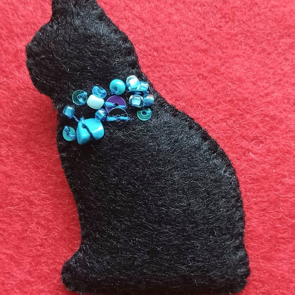 Handmade Black Felt Cat Brooch with Turquoise Gem