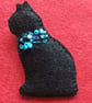 Handmade Black Felt Cat Brooch with Turquoise Gem