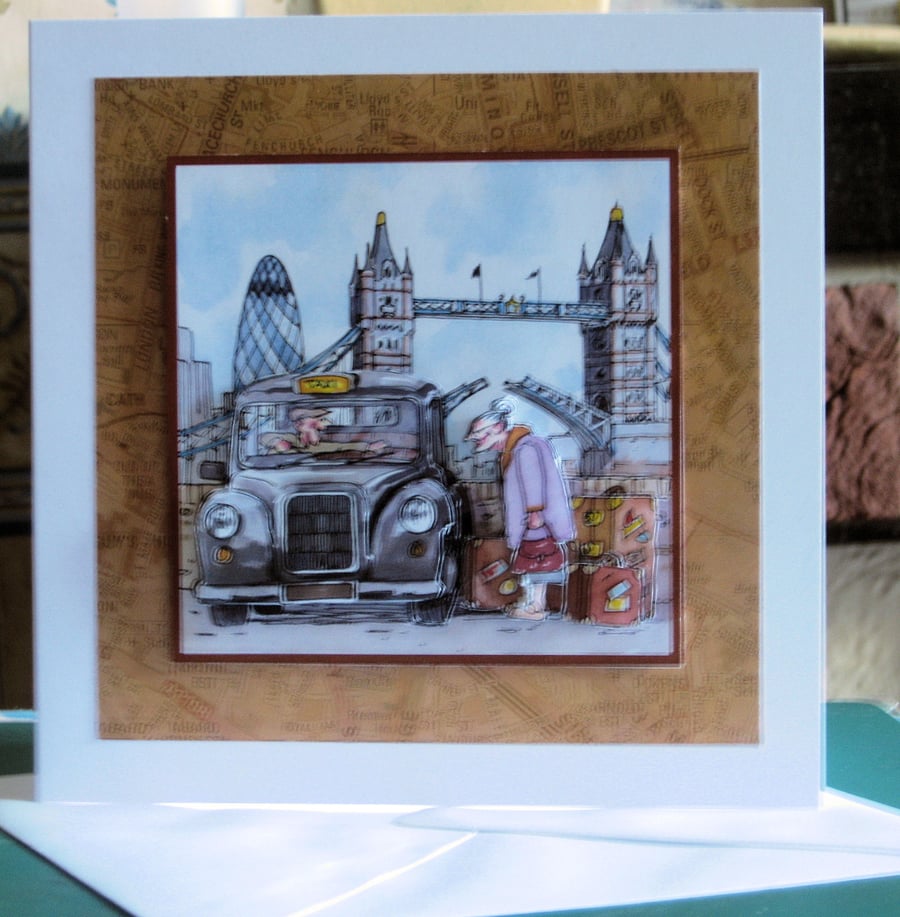 5" x 5" London Taxi and Tower Bridge handmade Card
