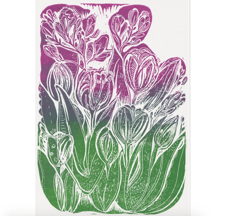 A4 Linocut Print of Tulips & Freesias.