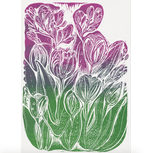 A4 Linocut Print of Tulips & Freesias.