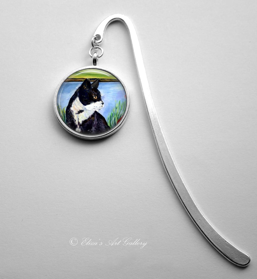 Silver Plated Cat Art Cabochon Bookmark