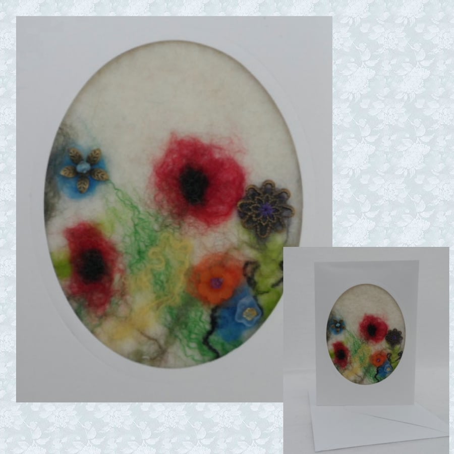 Greetings Card, felted with beaded flowers (oval 1)