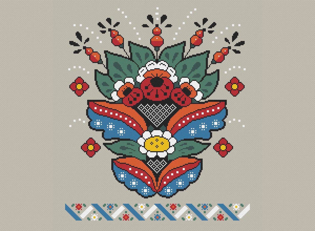 099 Cross stitch pattern Swedish Kurbits stye Flowers & Gourds Cucurbita Tree